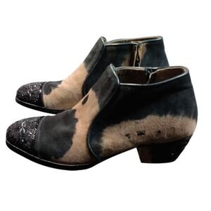Meher Kakalia x Anthro QUEEN Suede Ankle Boots‎ Cow Print & Beaded Cap Toe Sz 8